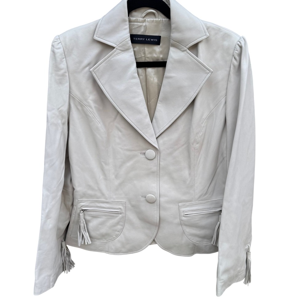 Terry Lewis Womens Cream Genuine Leather Blazer Tassel Zip Pockets NWT Size S